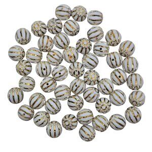 White Gold Striped Acrylic Round Beads Metallic Accent Jewelry Making Craft 50pc
